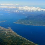 Aerial view of the modern Messina Strait, between Sicily and Calabria